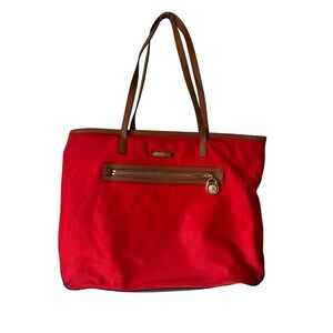 Michael Kors Tote Bag Womens Large Red Nylon Brown Leather Fair Zip Top Gold MK